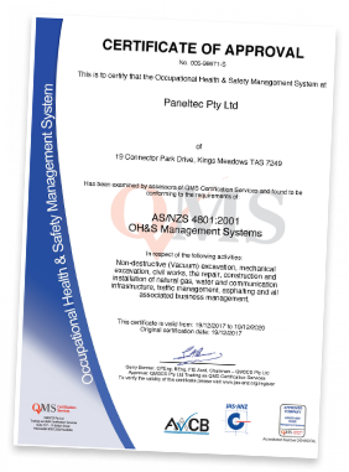 Paneltec ASNZS 4801 OHSMS Certifcation